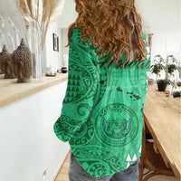 Maui Island Women Casual Shirt Kakau Tribal Mixed Polynesian Pattern Green LT9 - Polynesian Pride