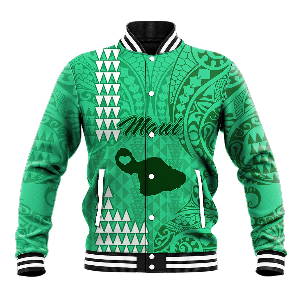 Personalised Maui Island Baseball Jacket Kakau Tribal Mixed Polynesian Pattern Green LT9 Unisex Green - Polynesian Pride