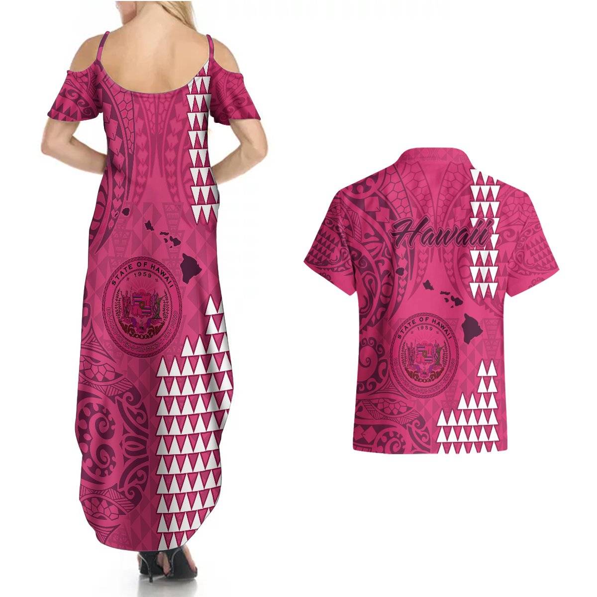 Maui Island Couples Matching Summer Maxi Dress and Hawaiian Shirt Kakau Tribal Mixed Polynesian Pattern Pink LT9 - Polynesian Pride