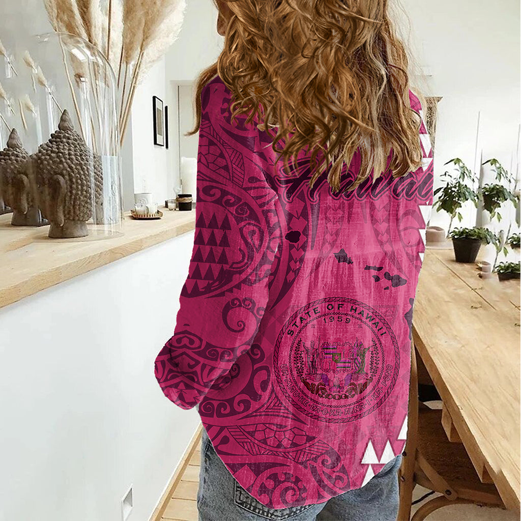 Maui Island Women Casual Shirt Kakau Tribal Mixed Polynesian Pattern Pink LT9 - Polynesian Pride