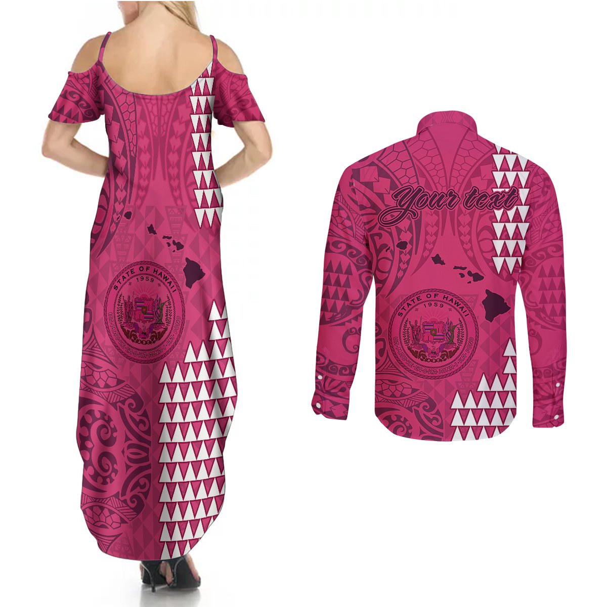 Personalised Maui Island Couples Matching Summer Maxi Dress and Long Sleeve Button Shirts Kakau Tribal Mixed Polynesian Pattern Pink LT9 - Polynesian Pride