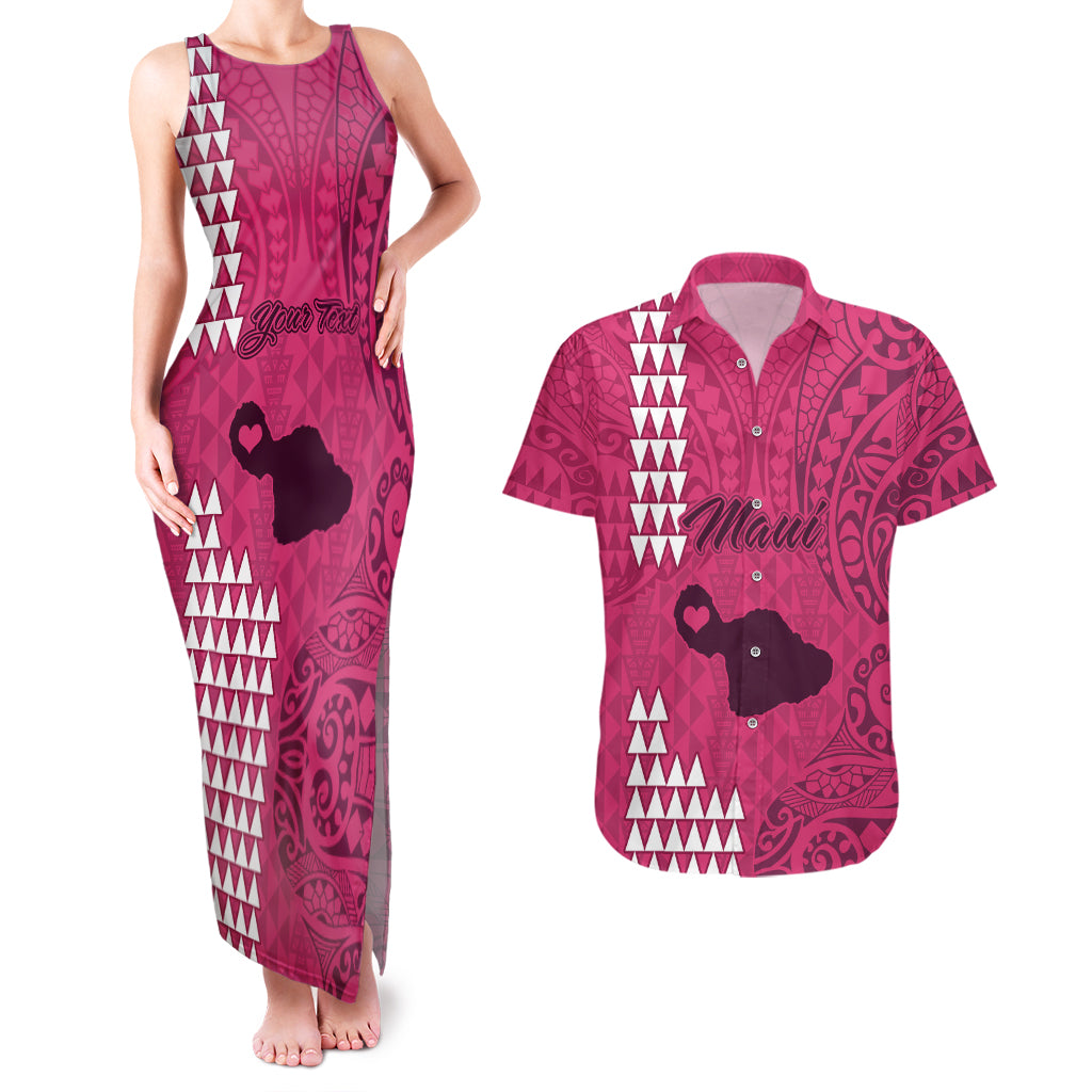 Personalised Maui Island Couples Matching Tank Maxi Dress and Hawaiian Shirt Kakau Tribal Mixed Polynesian Pattern Pink LT9 Pink - Polynesian Pride