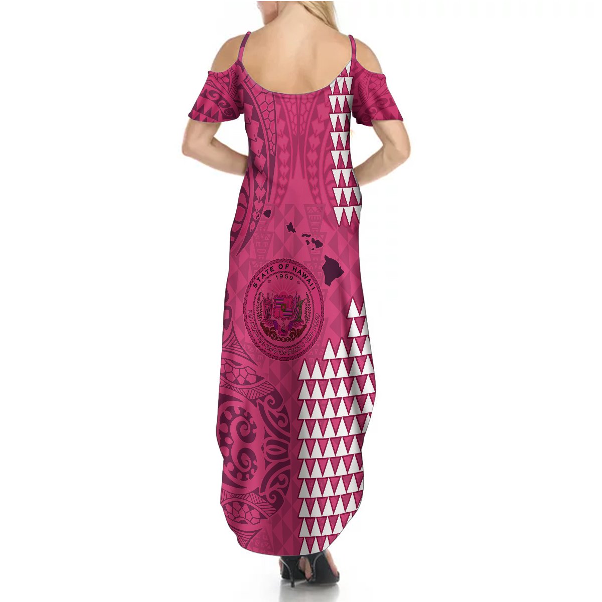 Personalised Maui Island Summer Maxi Dress Kakau Tribal Mixed Polynesian Pattern Pink LT9 - Polynesian Pride