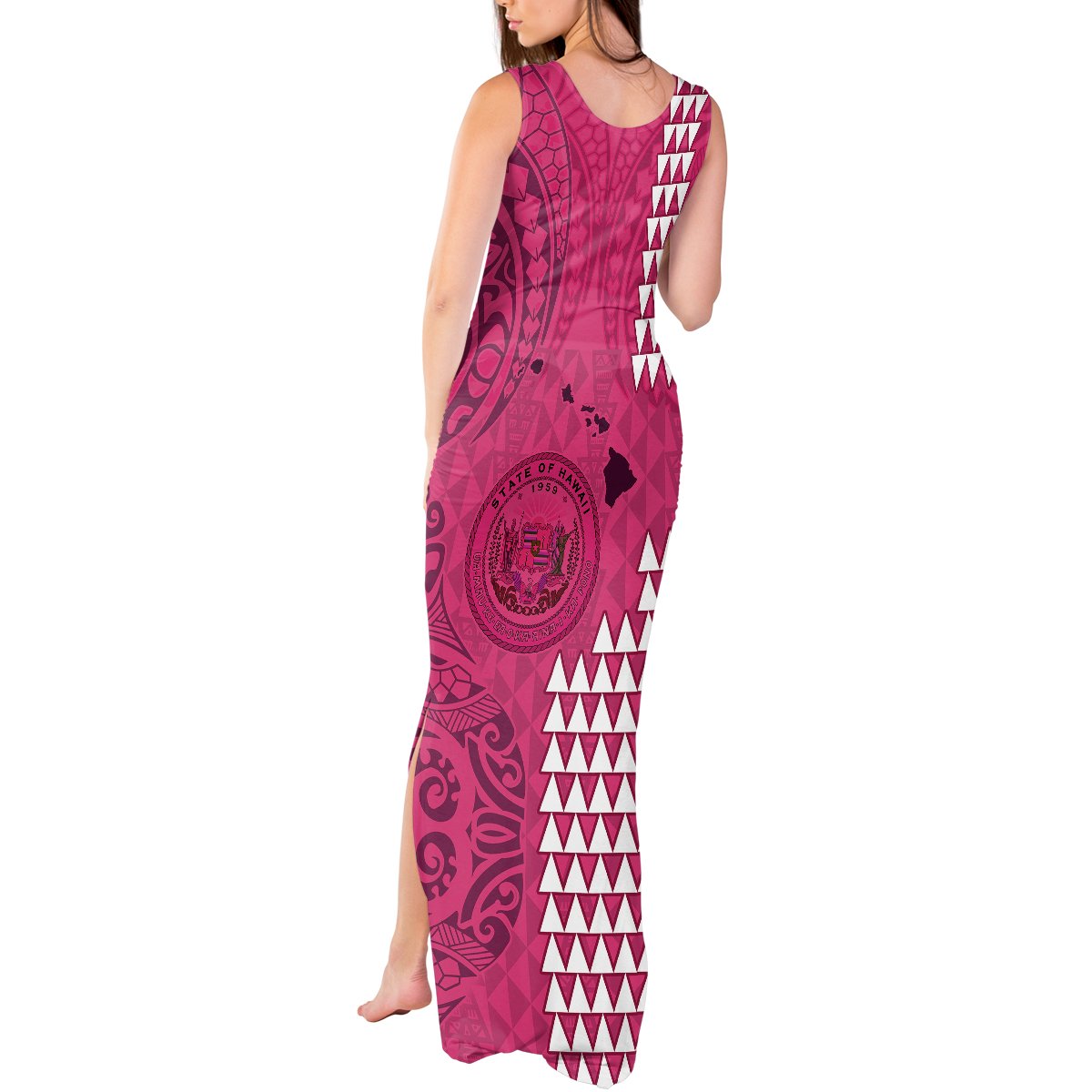 Personalised Maui Island Tank Maxi Dress Kakau Tribal Mixed Polynesian Pattern Pink LT9 - Polynesian Pride