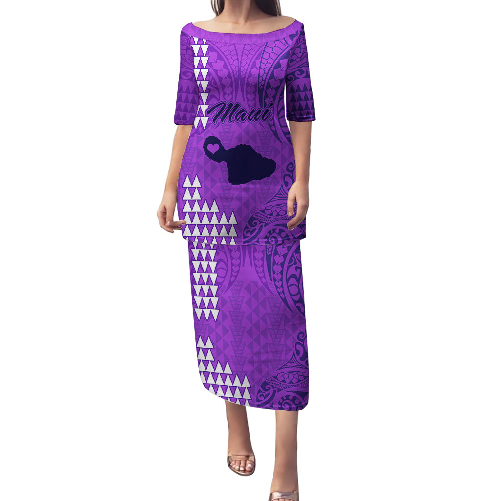 Maui Island Puletasi Kakau Tribal Mixed Polynesian Pattern Purple LT9 Long Dress Purple - Polynesian Pride