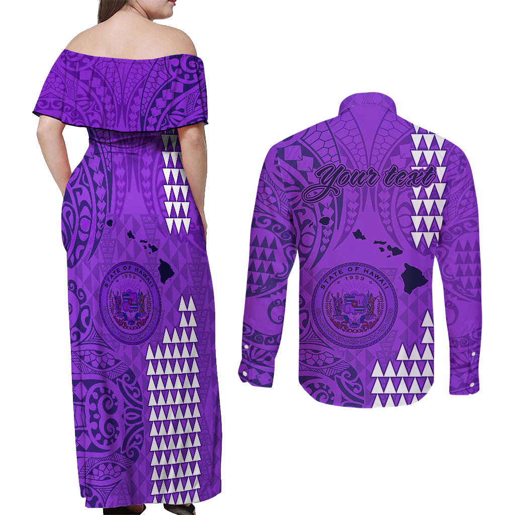 Personalised Maui Island Couples Matching Off Shoulder Maxi Dress and Long Sleeve Button Shirts Kakau Tribal Mixed Polynesian Pattern Purple LT9 - Polynesian Pride