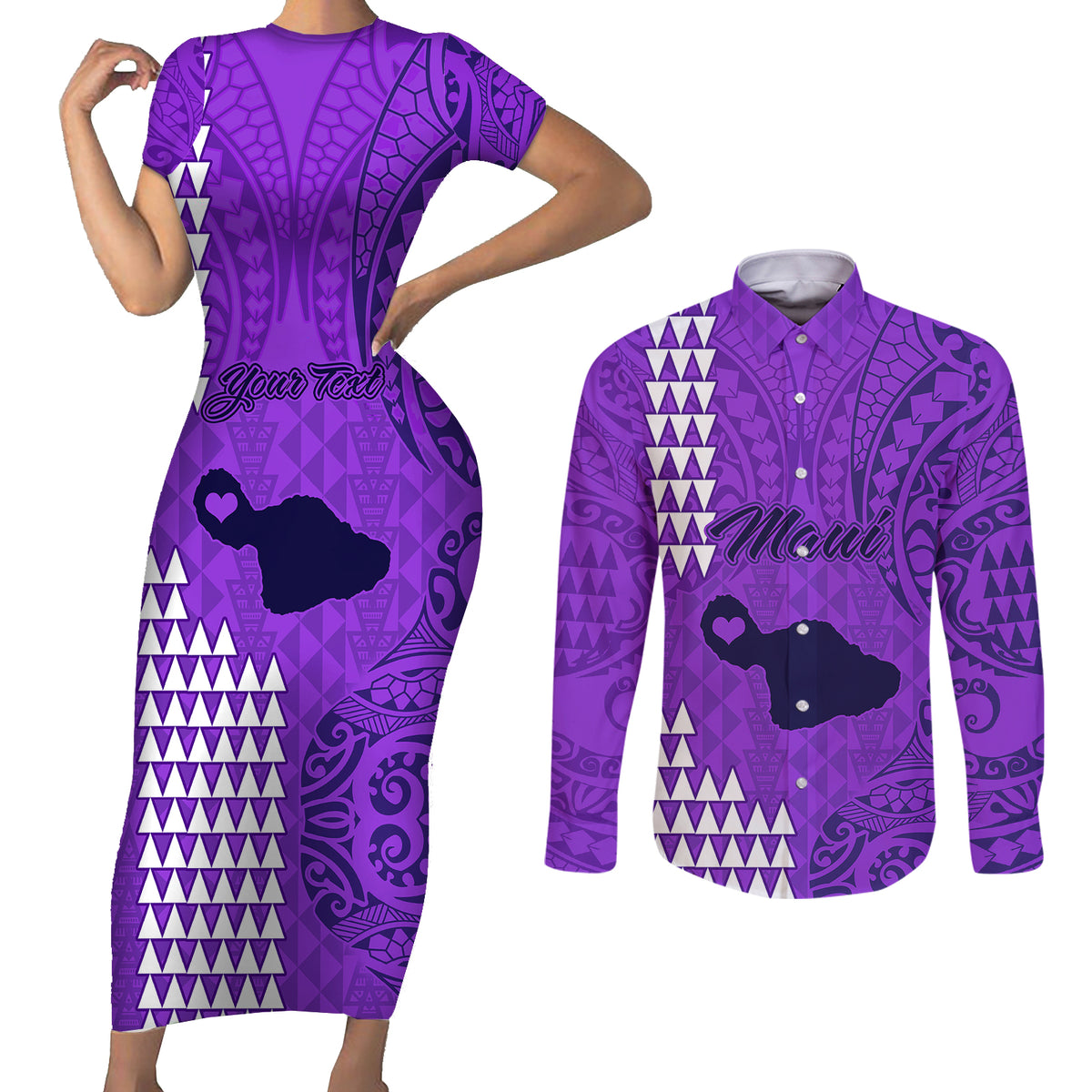 Personalised Maui Island Couples Matching Short Sleeve Bodycon Dress and Long Sleeve Button Shirts Kakau Tribal Mixed Polynesian Pattern Purple LT9 Purple - Polynesian Pride