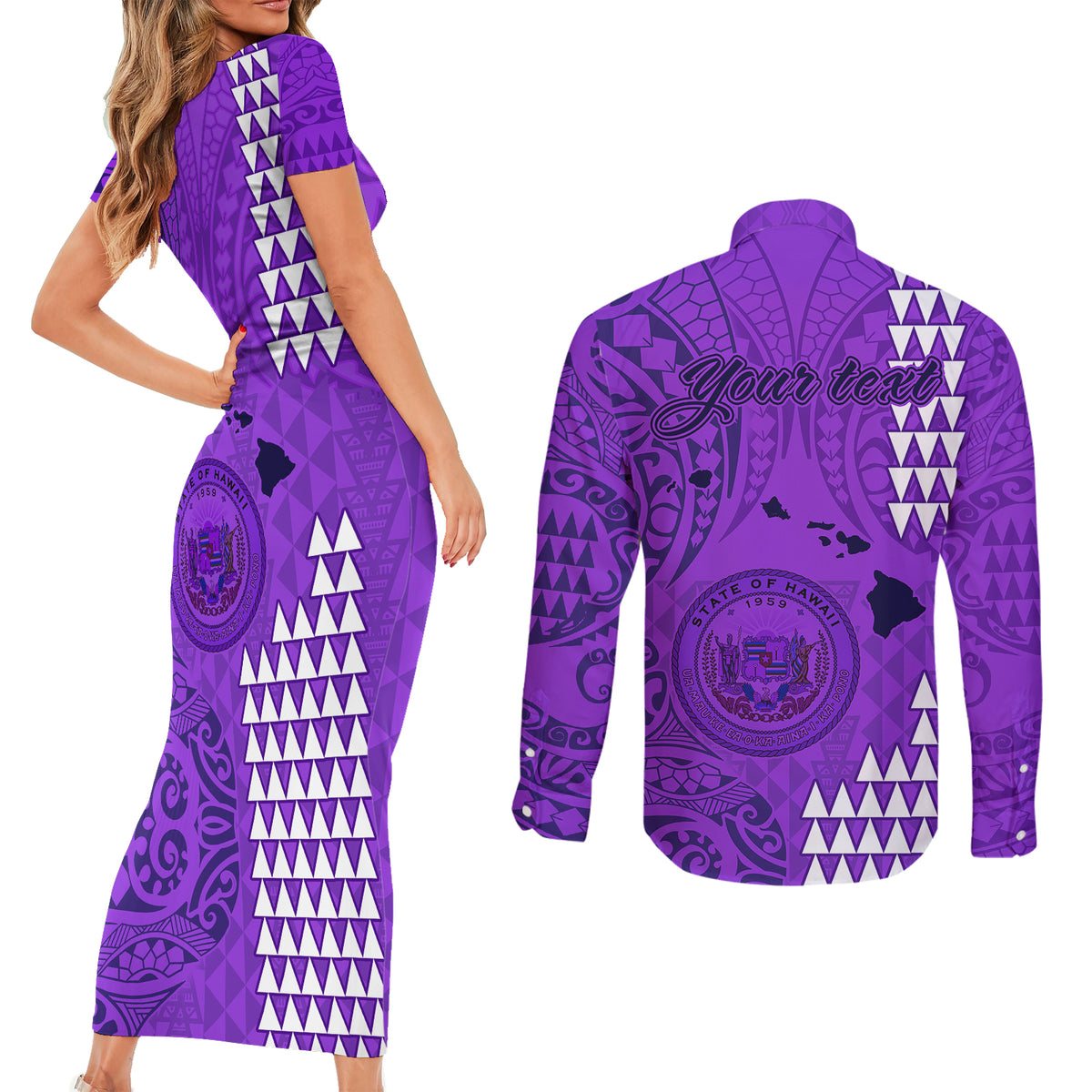 Personalised Maui Island Couples Matching Short Sleeve Bodycon Dress and Long Sleeve Button Shirts Kakau Tribal Mixed Polynesian Pattern Purple LT9 - Polynesian Pride