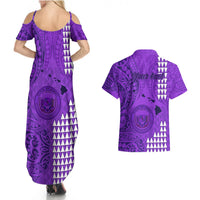 Personalised Maui Island Couples Matching Summer Maxi Dress and Hawaiian Shirt Kakau Tribal Mixed Polynesian Pattern Purple LT9 - Polynesian Pride