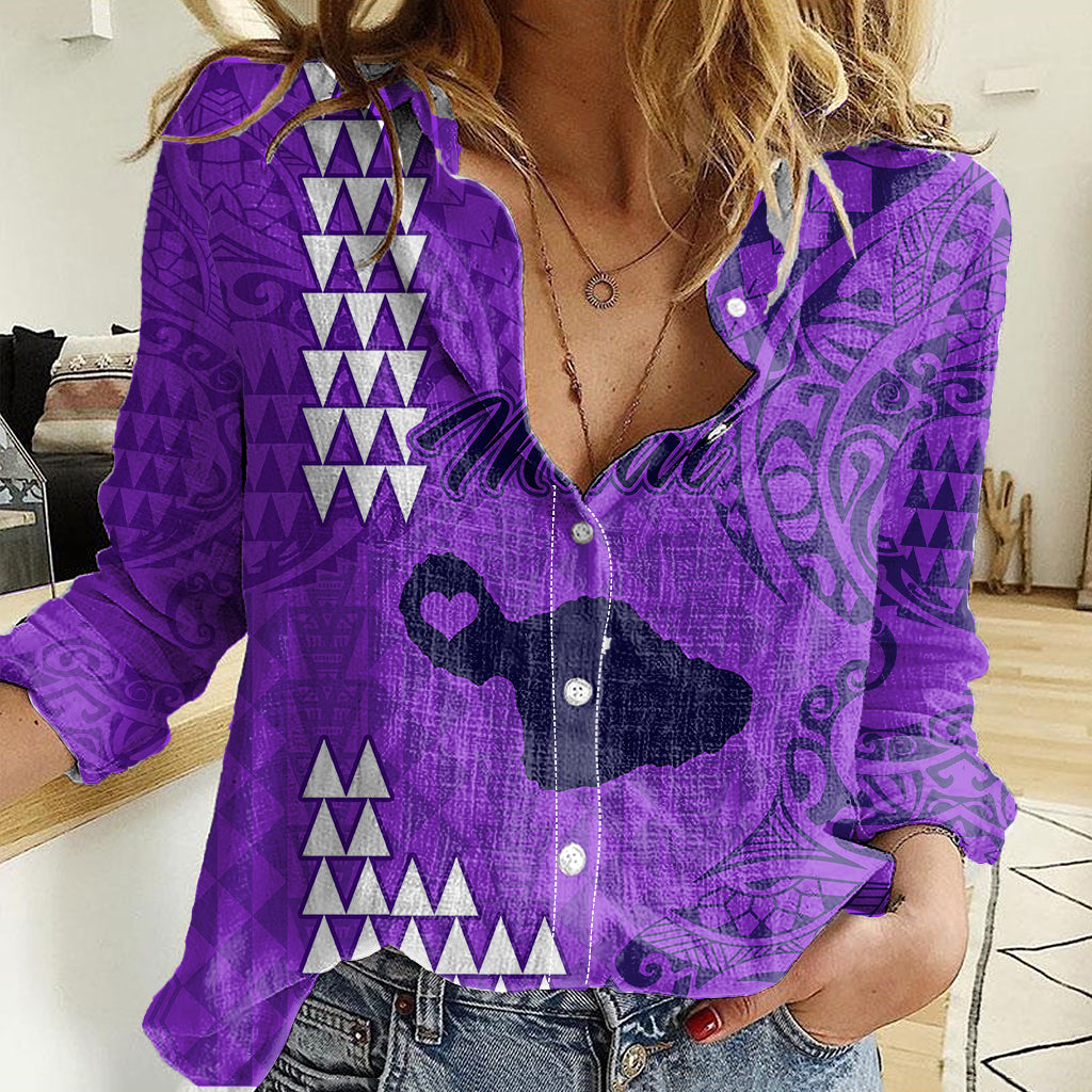 Personalised Maui Island Women Casual Shirt Kakau Tribal Mixed Polynesian Pattern Purple LT9 Female Purple - Polynesian Pride