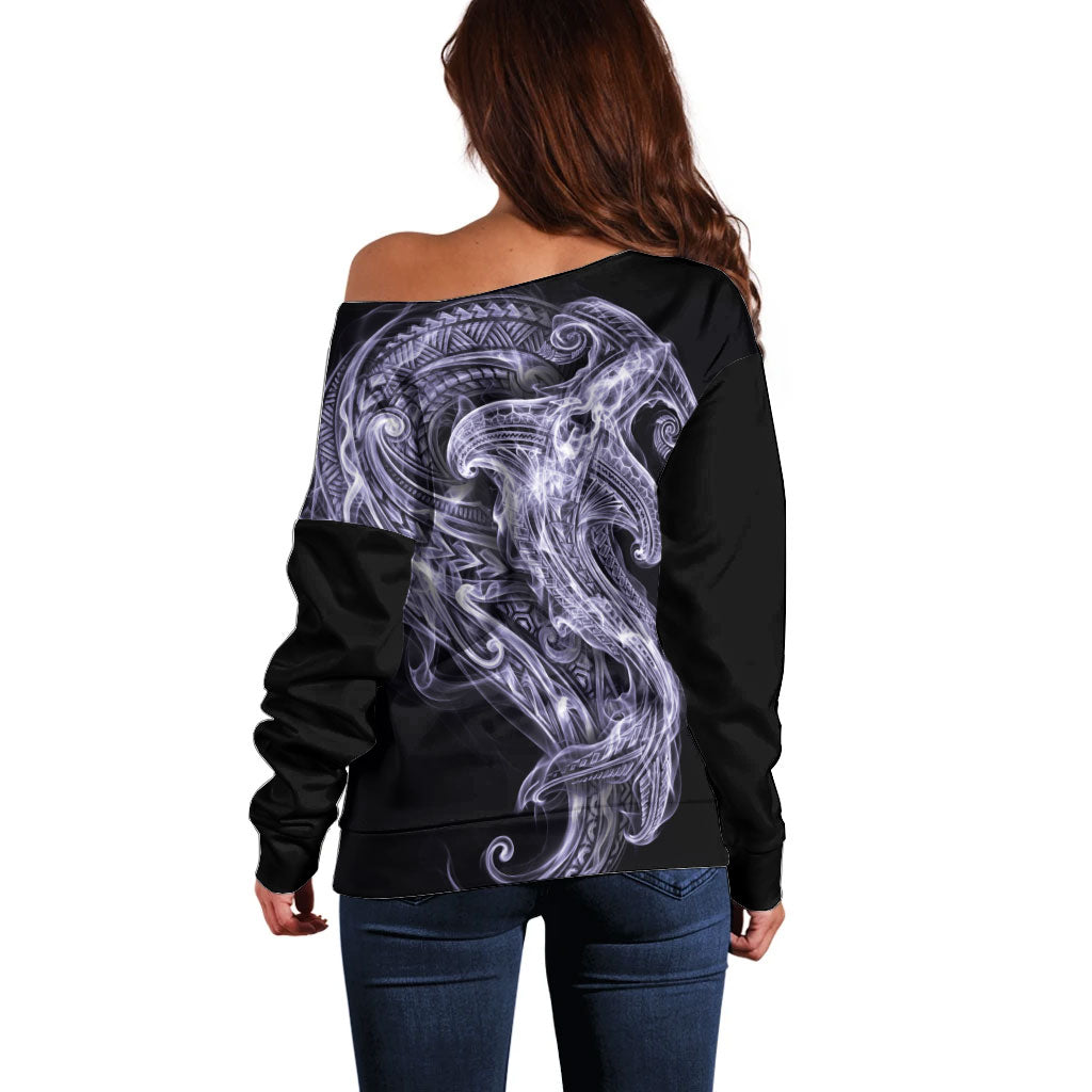 Waiporoporo Maori Tribal Hammershark Ghost Spirit Off Shoulder Sweater