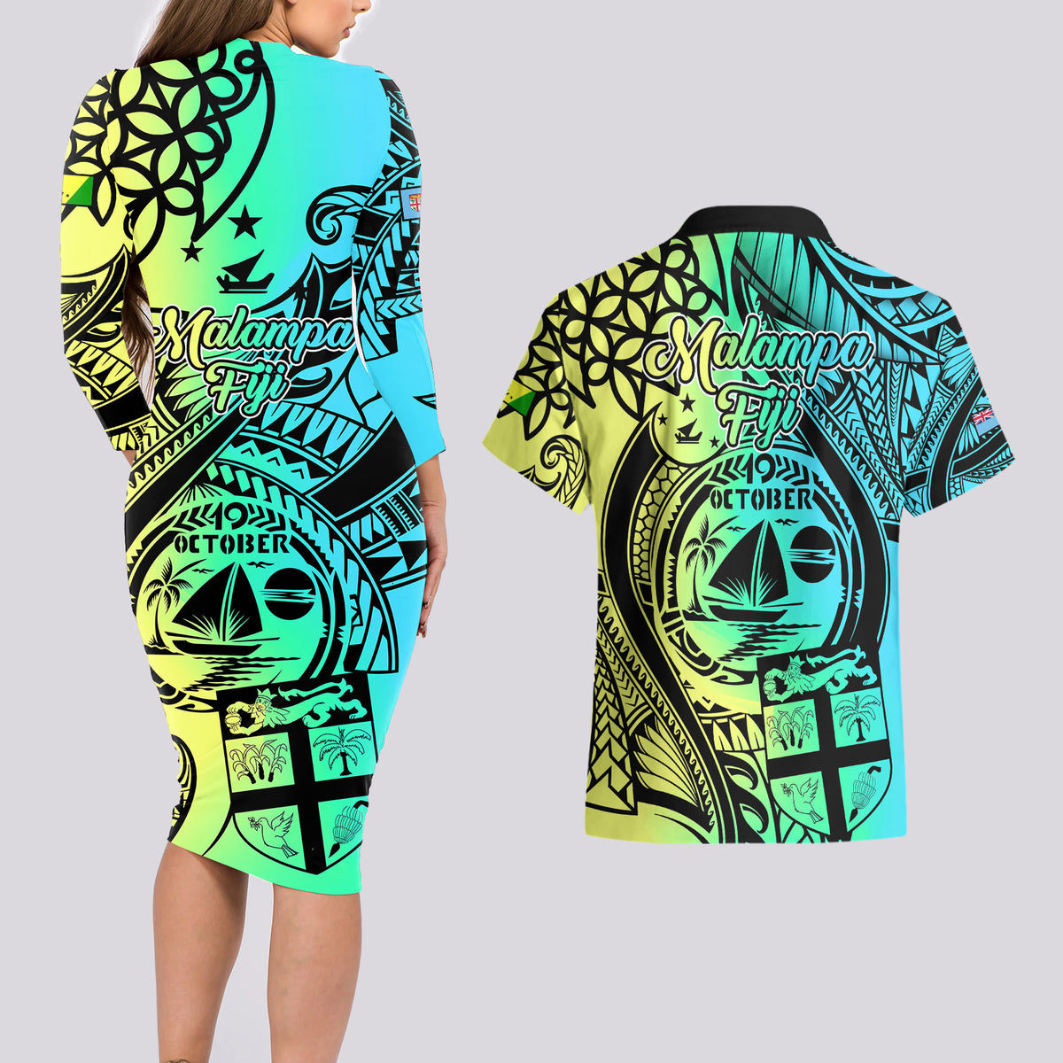 malampa-fiji-day-couples-matching-long-sleeve-bodycon-dress-and-hawaiian-shirt-vanuatu-sand-drawing-with-polynesian-pattern
