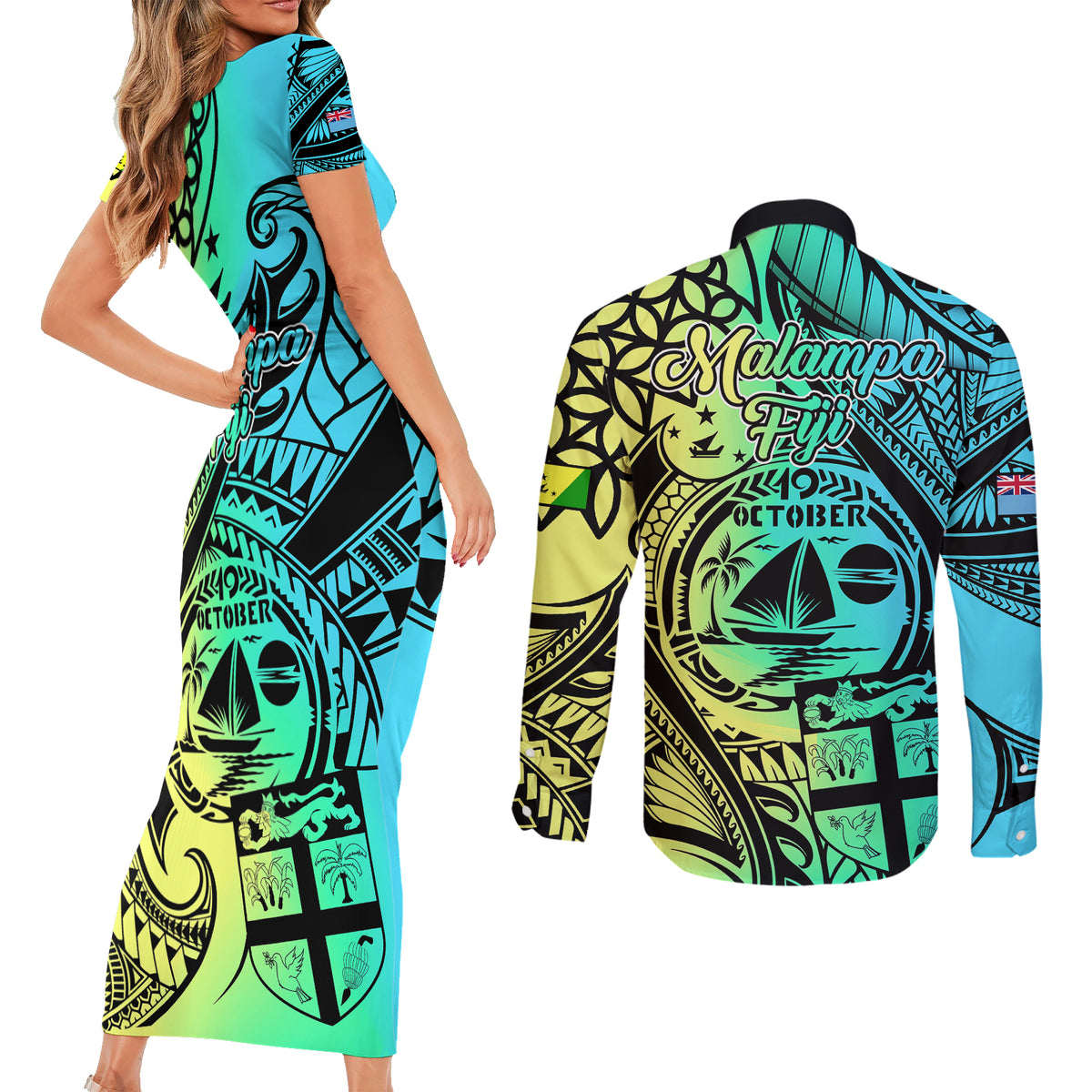 malampa-fiji-day-couples-matching-short-sleeve-bodycon-dress-and-long-sleeve-button-shirts-vanuatu-sand-drawing-with-polynesian-pattern