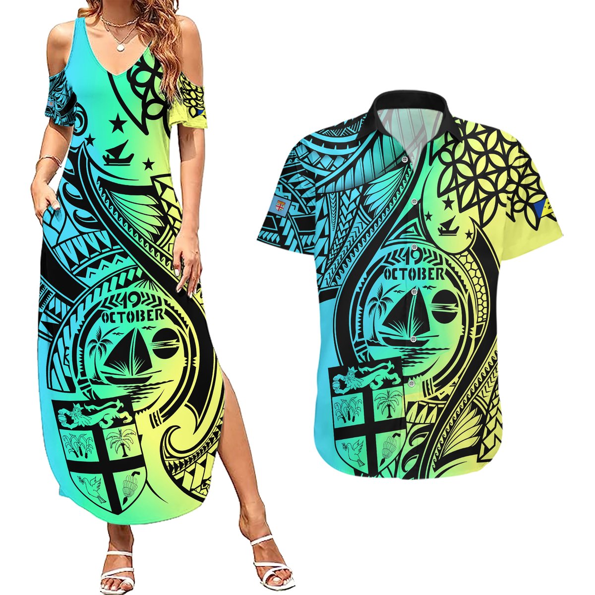 malampa-fiji-day-couples-matching-summer-maxi-dress-and-hawaiian-shirt-vanuatu-sand-drawing-with-polynesian-pattern