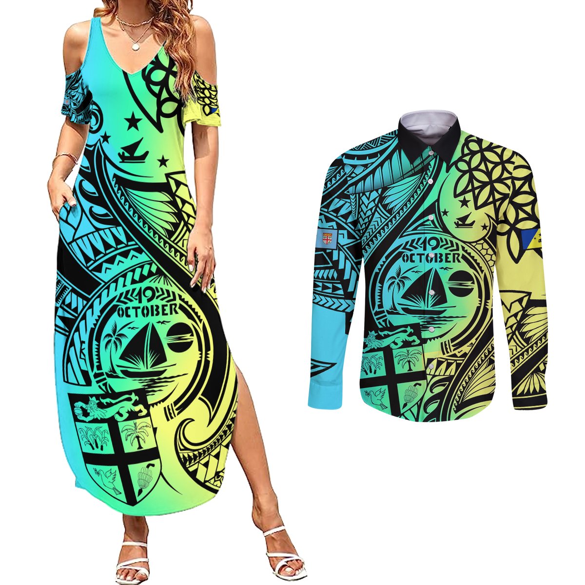 malampa-fiji-day-couples-matching-summer-maxi-dress-and-long-sleeve-button-shirts-vanuatu-sand-drawing-with-polynesian-pattern