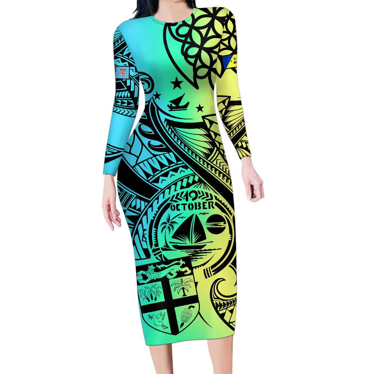 Malampa Fiji Day Family Matching Long Sleeve Bodycon Dress and Hawaiian Shirt Vanuatu Sand Drawing With Polynesian Pattern LT9 Mom's Dress Black - Polynesian Pride