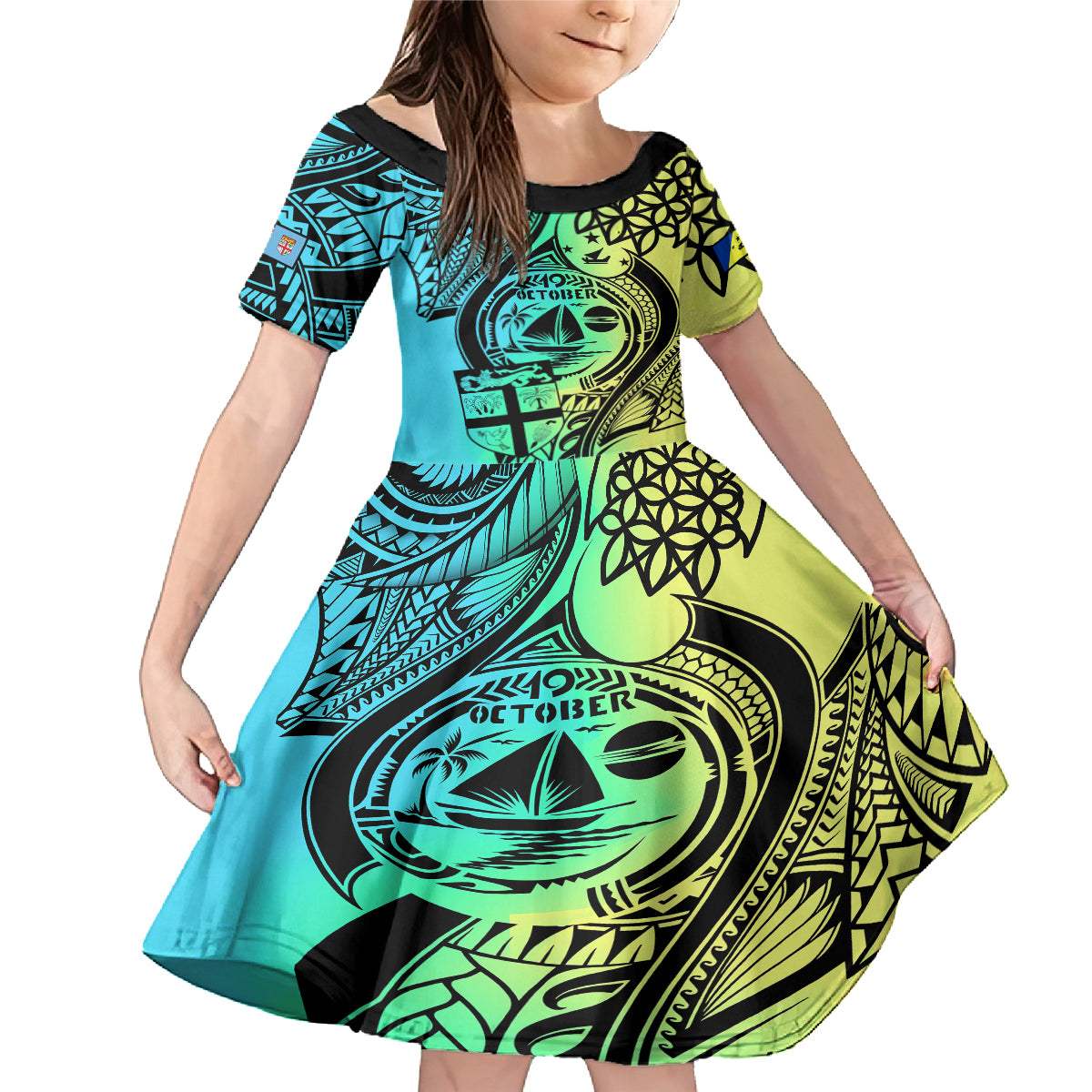 Malampa Fiji Day Family Matching Mermaid Dress and Hawaiian Shirt Vanuatu Sand Drawing With Polynesian Pattern LT9 Daughter's Dress Black - Polynesian Pride