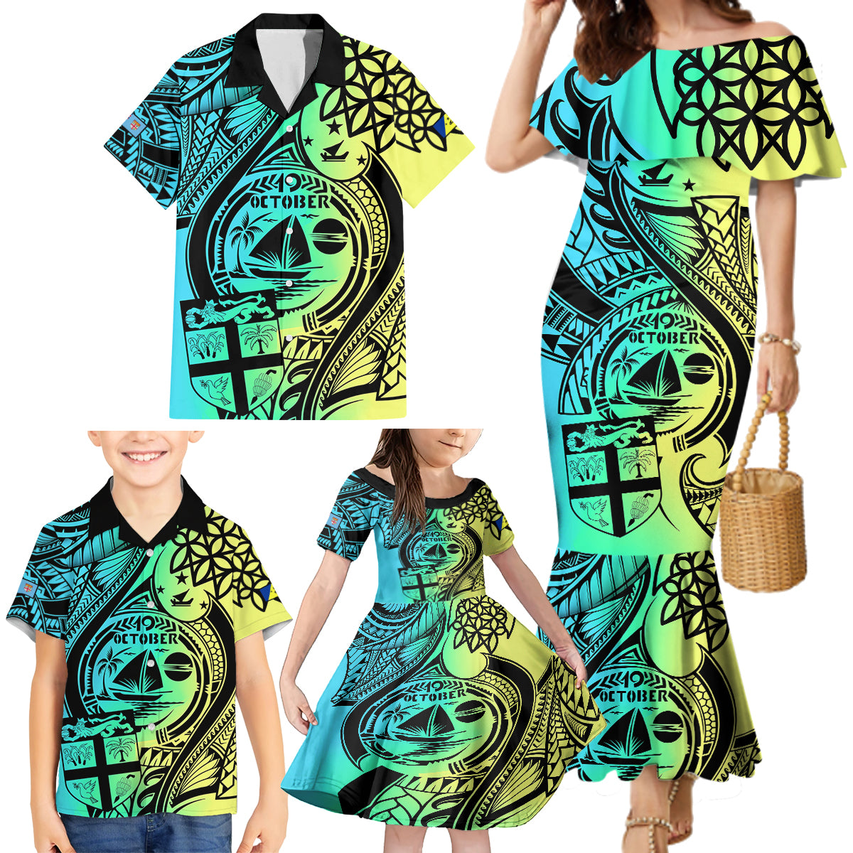 Malampa Fiji Day Family Matching Mermaid Dress and Hawaiian Shirt Vanuatu Sand Drawing With Polynesian Pattern LT9 - Polynesian Pride