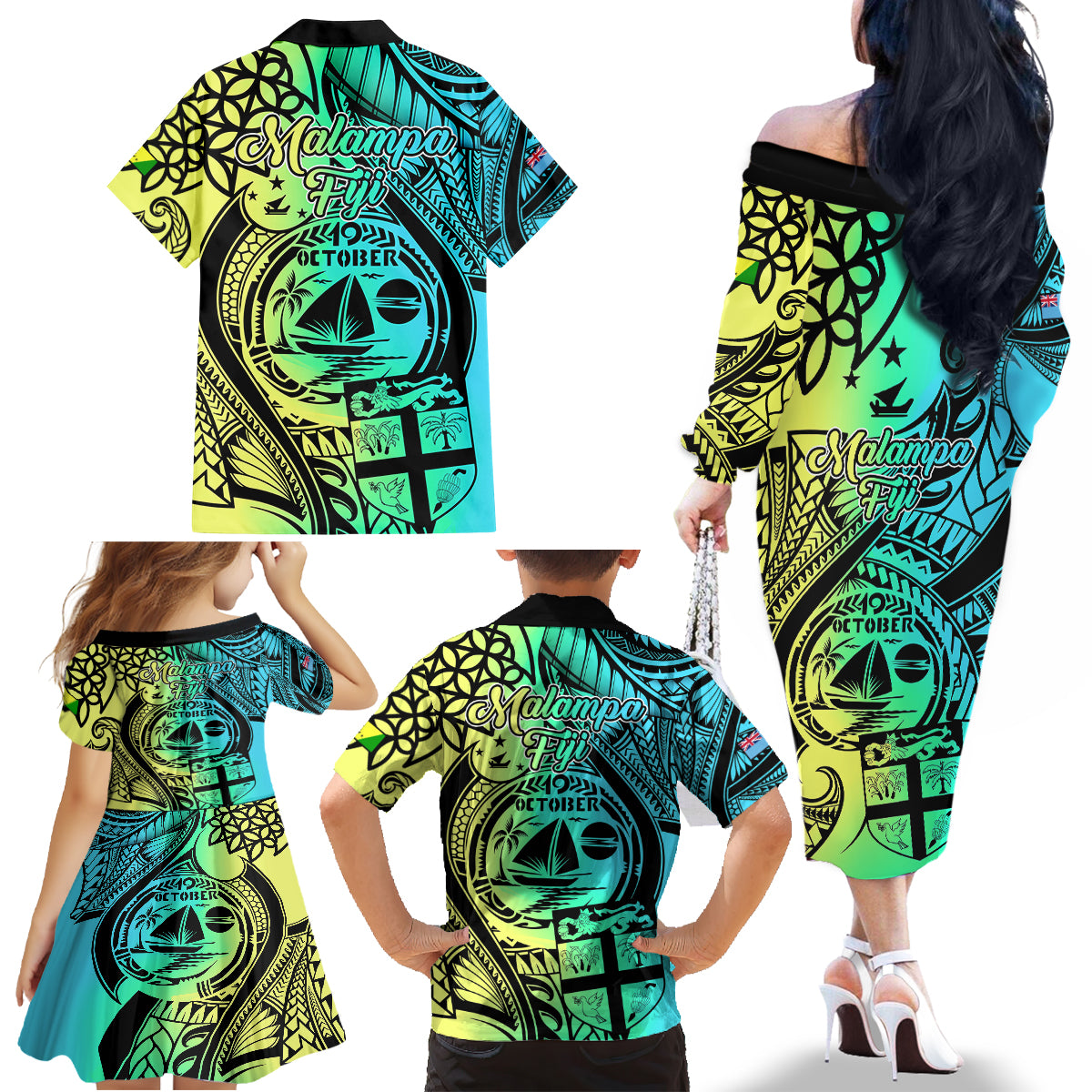 Malampa Fiji Day Family Matching Off Shoulder Long Sleeve Dress and Hawaiian Shirt Vanuatu Sand Drawing With Polynesian Pattern LT9 - Polynesian Pride