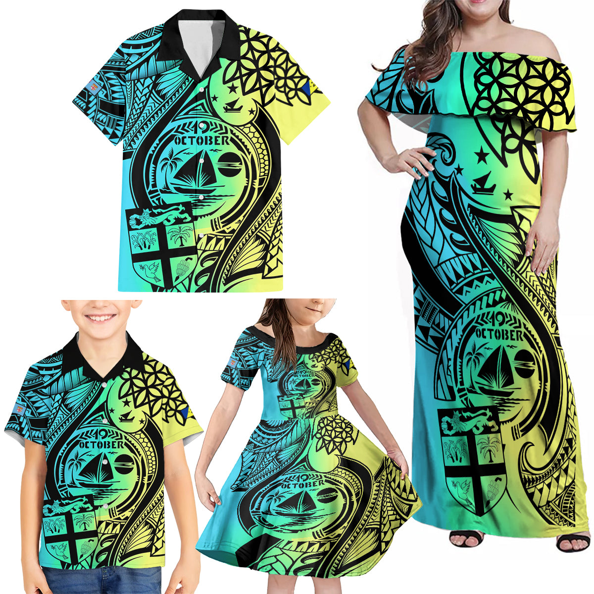Malampa Fiji Day Family Matching Off Shoulder Maxi Dress and Hawaiian Shirt Vanuatu Sand Drawing With Polynesian Pattern LT9 - Polynesian Pride