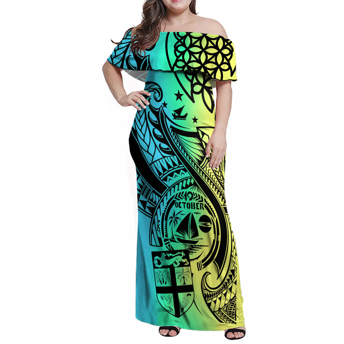 Malampa Fiji Day Family Matching Off Shoulder Maxi Dress and Hawaiian Shirt Vanuatu Sand Drawing With Polynesian Pattern LT9 Mom's Dress Black - Polynesian Pride