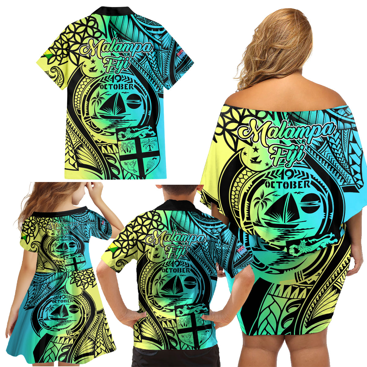 Malampa Fiji Day Family Matching Off Shoulder Short Dress and Hawaiian Shirt Vanuatu Sand Drawing With Polynesian Pattern LT9 - Polynesian Pride