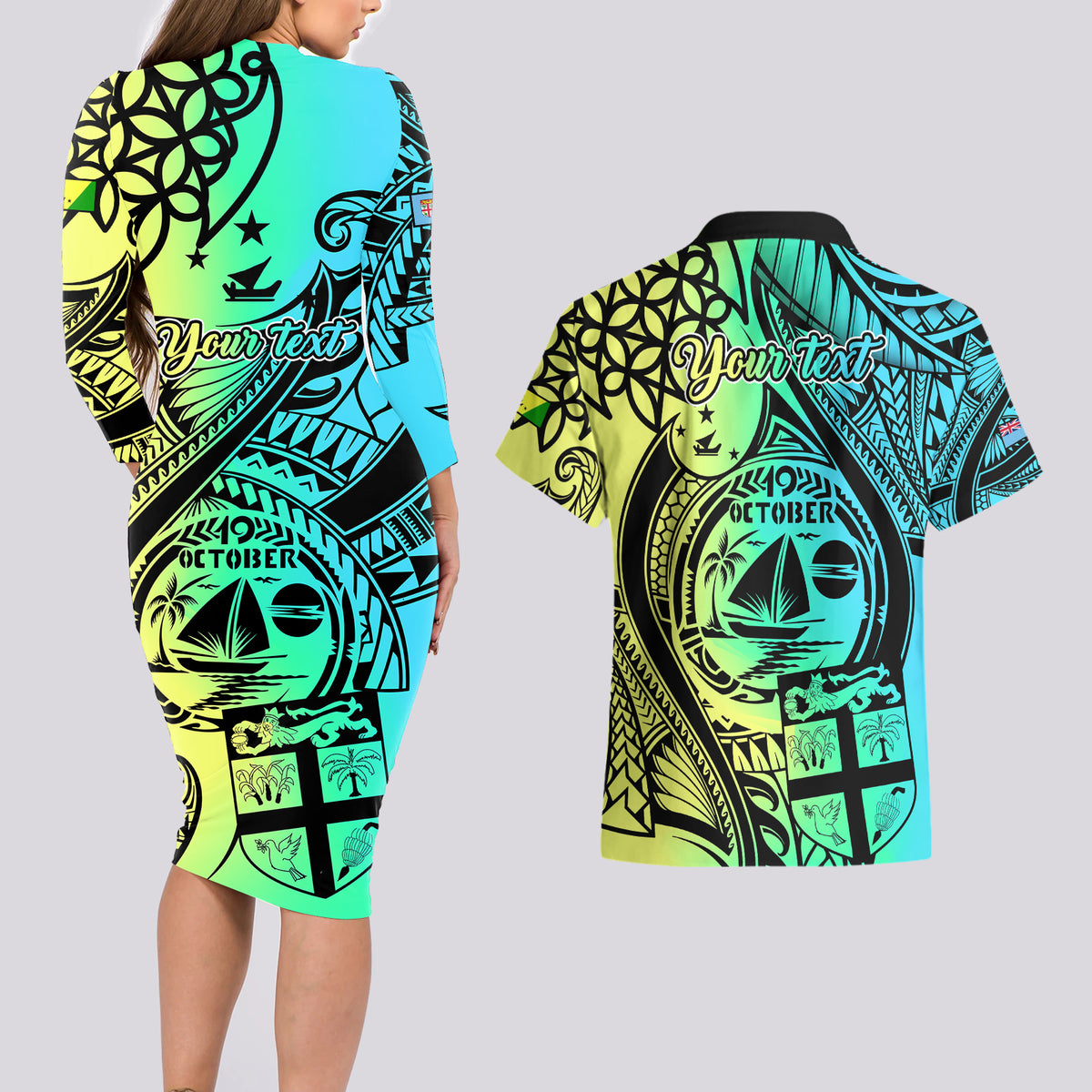 personalised-malampa-fiji-day-couples-matching-long-sleeve-bodycon-dress-and-hawaiian-shirt-vanuatu-sand-drawing-with-polynesian-pattern