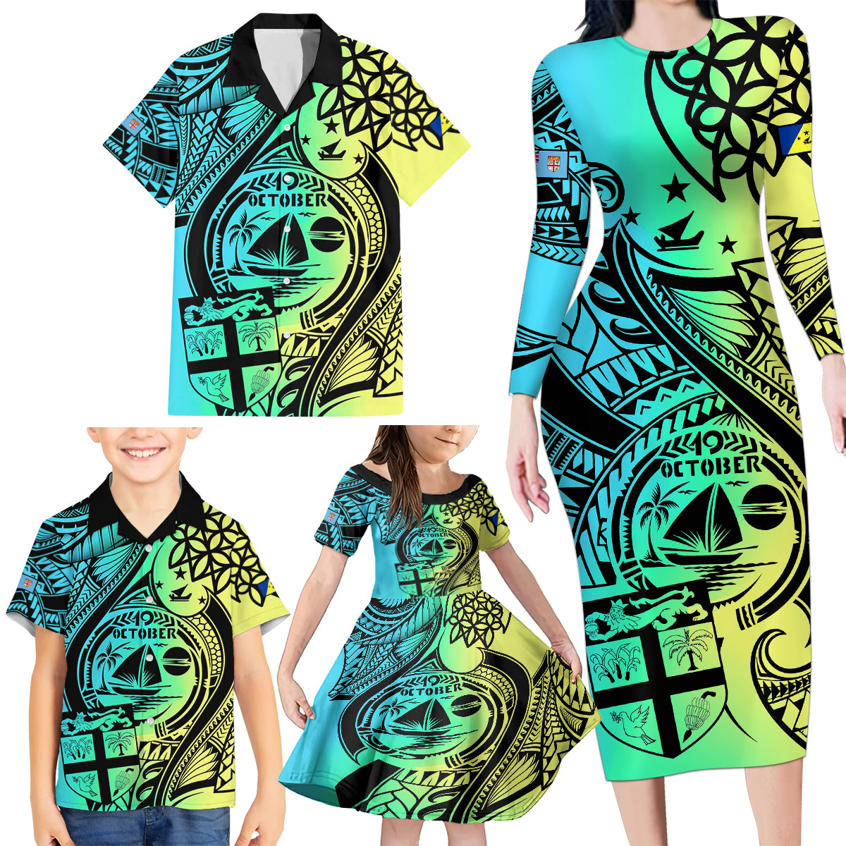 Personalised Malampa Fiji Day Family Matching Long Sleeve Bodycon Dress and Hawaiian Shirt Vanuatu Sand Drawing With Polynesian Pattern LT9 - Polynesian Pride