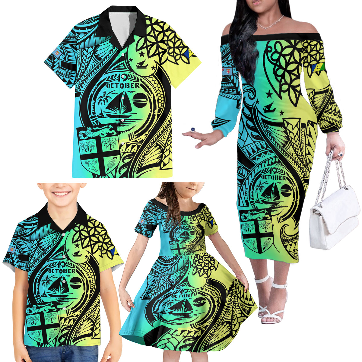 Personalised Malampa Fiji Day Family Matching Off Shoulder Long Sleeve Dress and Hawaiian Shirt Vanuatu Sand Drawing With Polynesian Pattern LT9 - Polynesian Pride