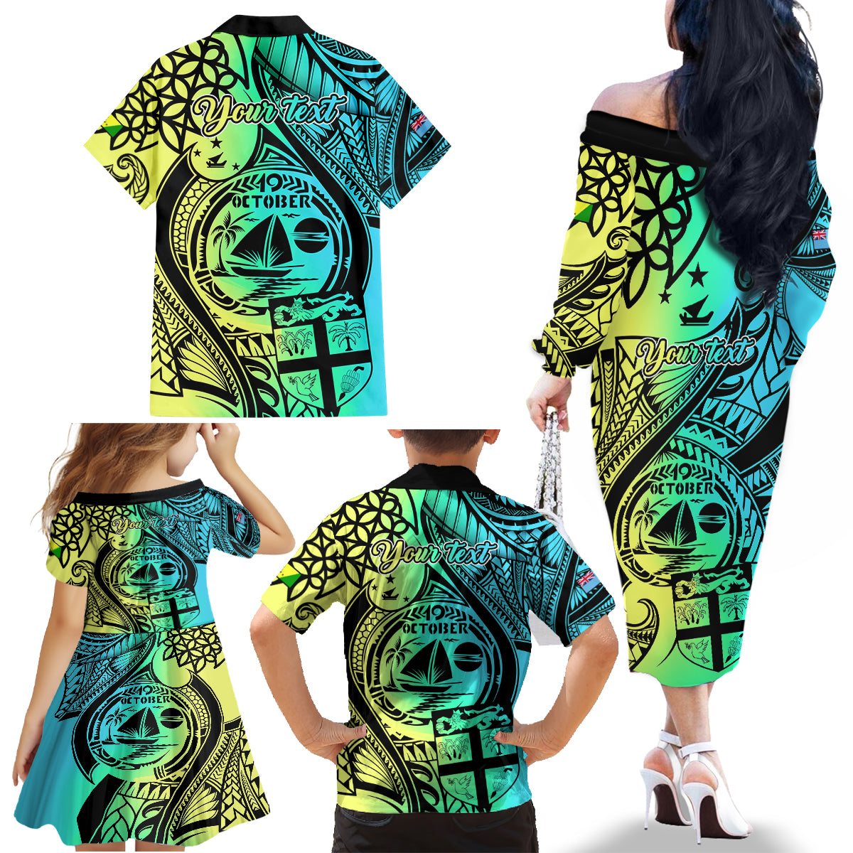 Personalised Malampa Fiji Day Family Matching Off Shoulder Long Sleeve Dress and Hawaiian Shirt Vanuatu Sand Drawing With Polynesian Pattern LT9 - Polynesian Pride