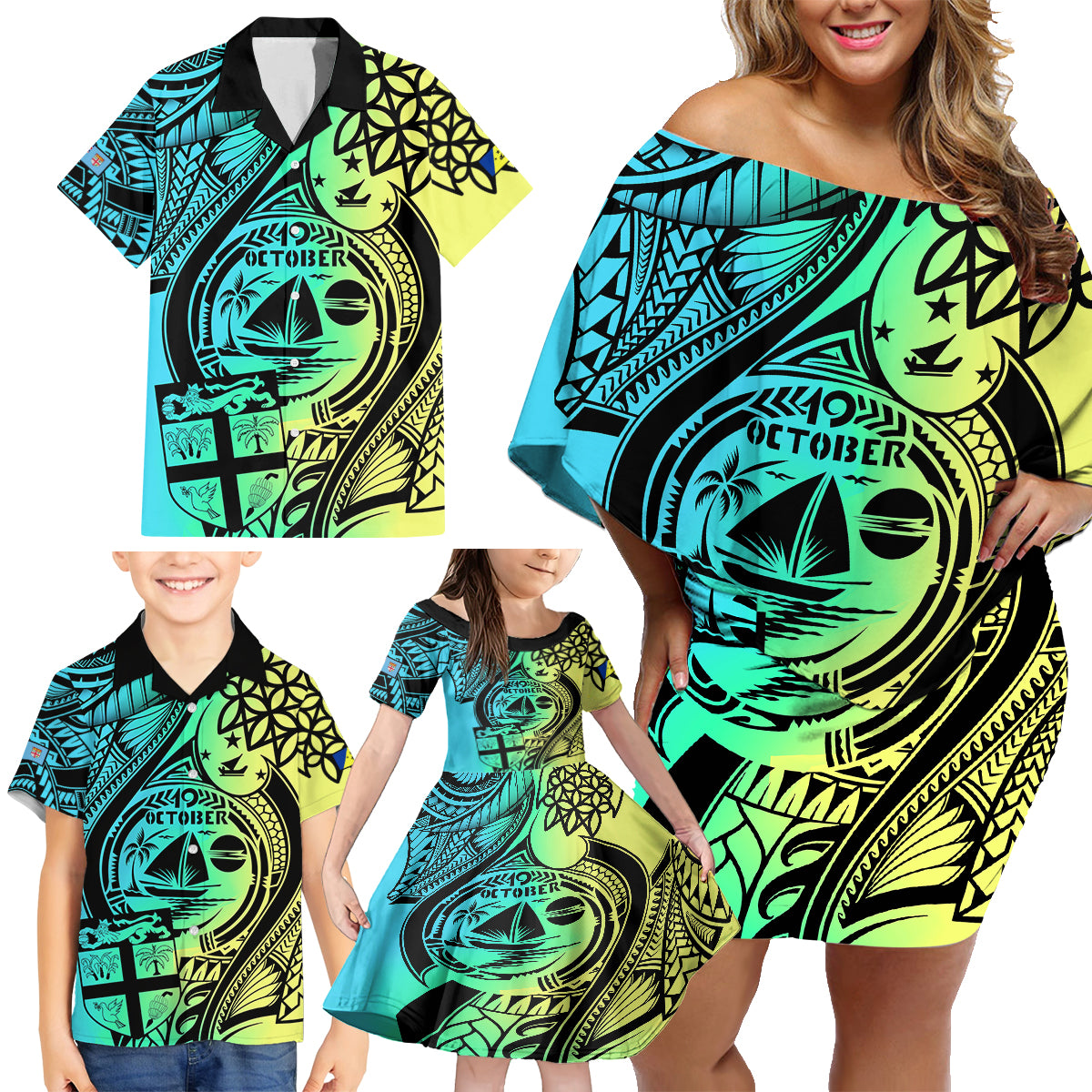Personalised Malampa Fiji Day Family Matching Off Shoulder Short Dress and Hawaiian Shirt Vanuatu Sand Drawing With Polynesian Pattern LT9 - Polynesian Pride
