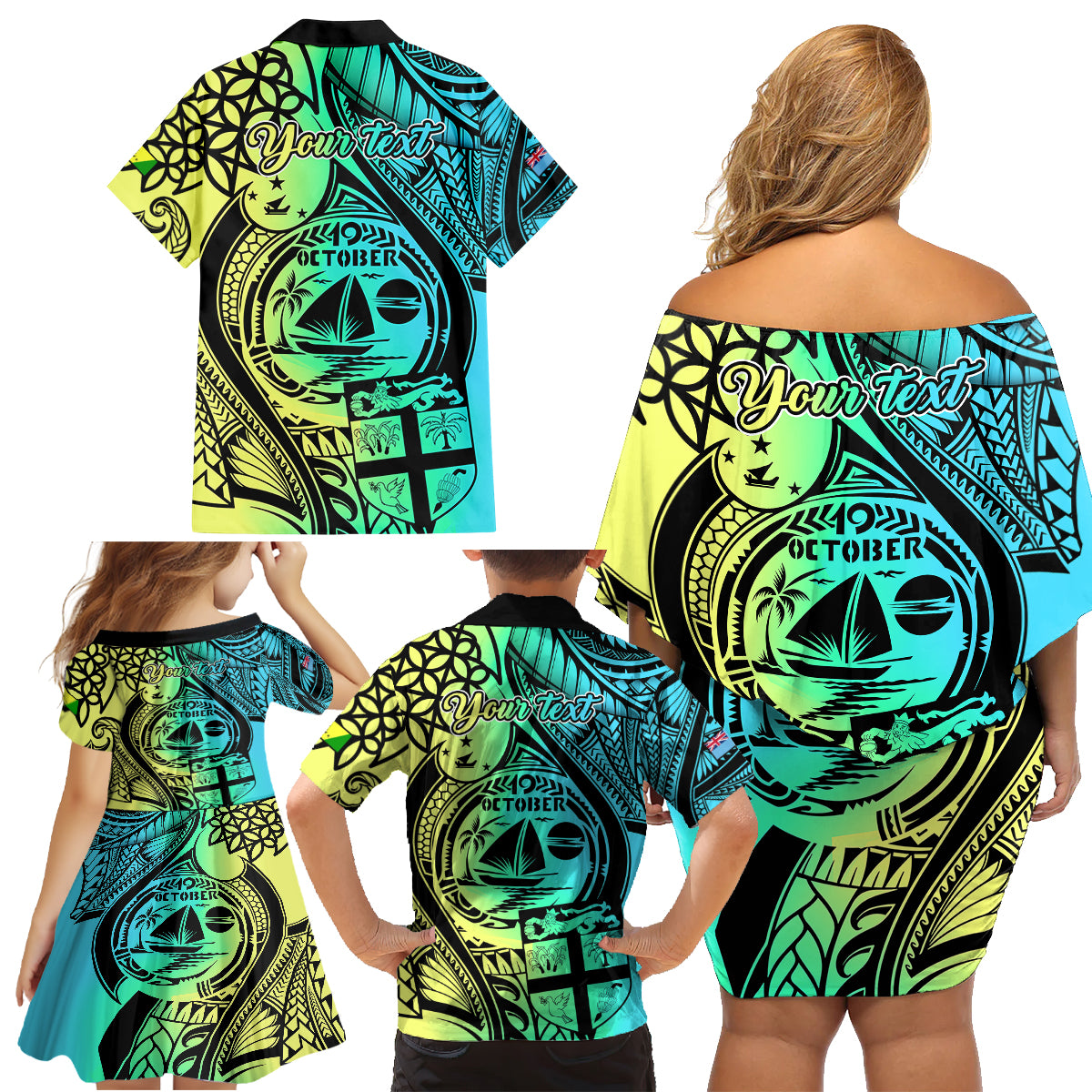 Personalised Malampa Fiji Day Family Matching Off Shoulder Short Dress and Hawaiian Shirt Vanuatu Sand Drawing With Polynesian Pattern LT9 - Polynesian Pride