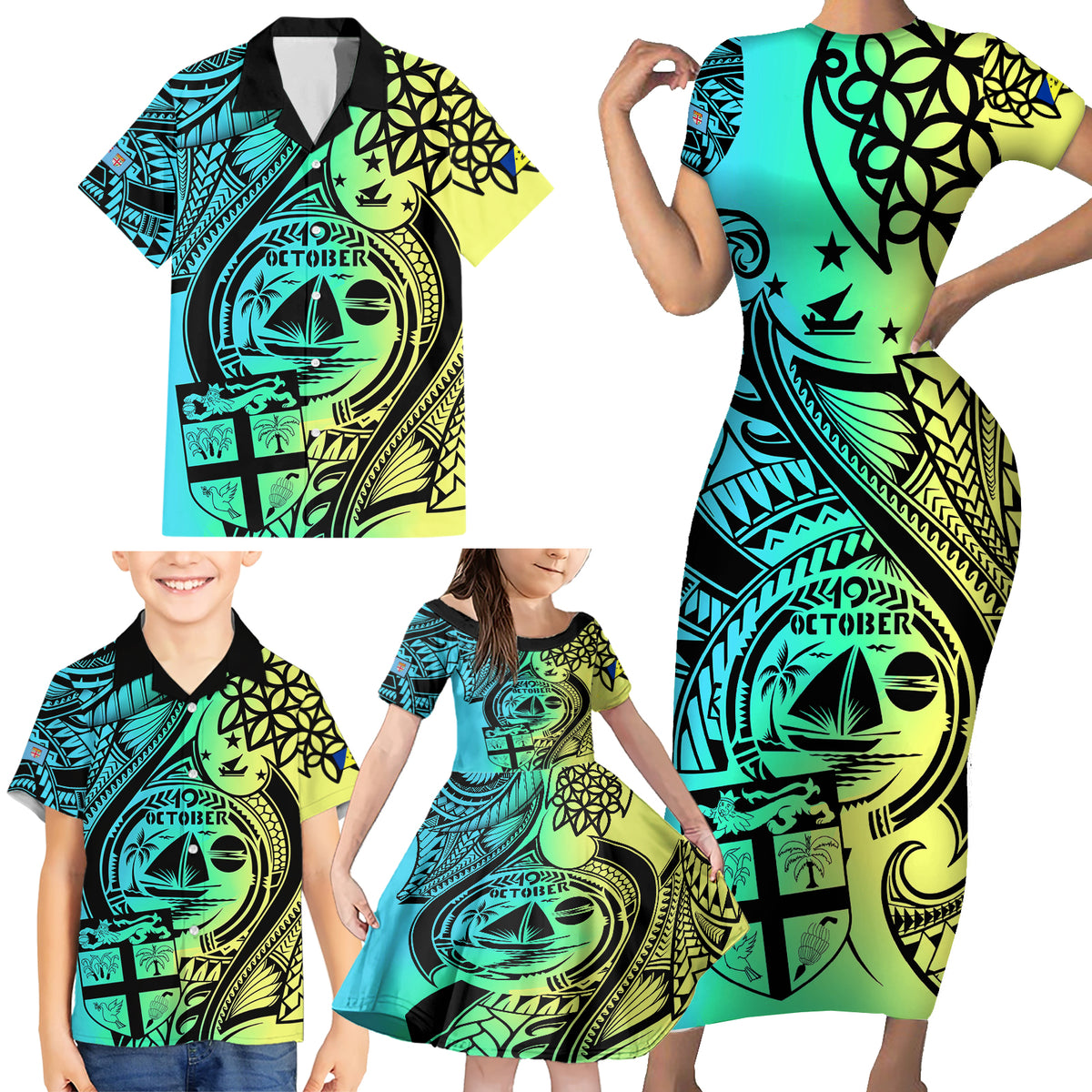 Personalised Malampa Fiji Day Family Matching Short Sleeve Bodycon Dress and Hawaiian Shirt Vanuatu Sand Drawing With Polynesian Pattern LT9 - Polynesian Pride