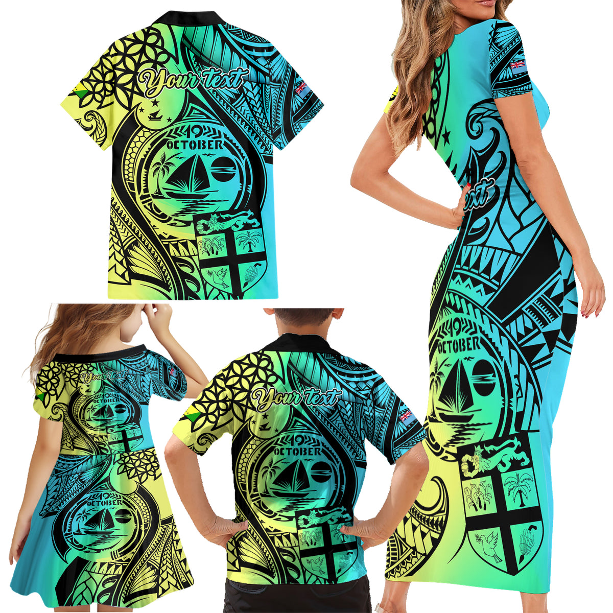 Personalised Malampa Fiji Day Family Matching Short Sleeve Bodycon Dress and Hawaiian Shirt Vanuatu Sand Drawing With Polynesian Pattern LT9 - Polynesian Pride