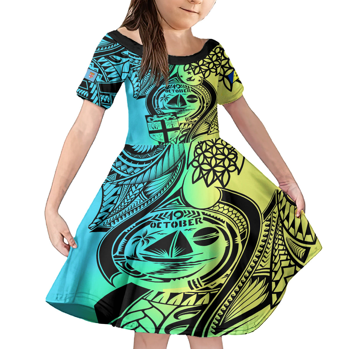Personalised Malampa Fiji Day Family Matching Summer Maxi Dress and Hawaiian Shirt Vanuatu Sand Drawing With Polynesian Pattern LT9 Daughter's Dress Black - Polynesian Pride