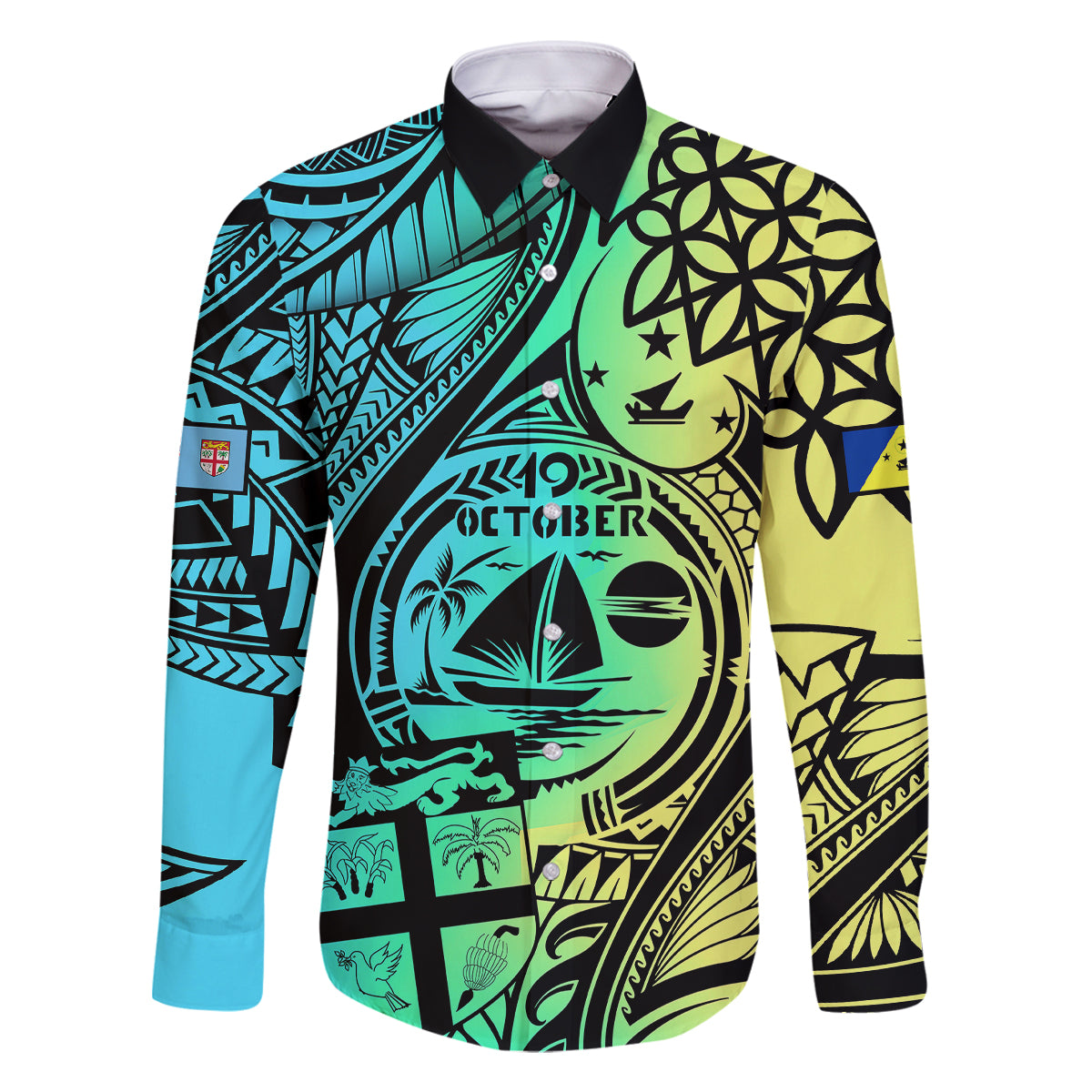 Personalised Malampa Fiji Day Family Matching Summer Maxi Dress and Hawaiian Shirt Vanuatu Sand Drawing With Polynesian Pattern LT9 Dad's Shirt - Long Sleeve Black - Polynesian Pride