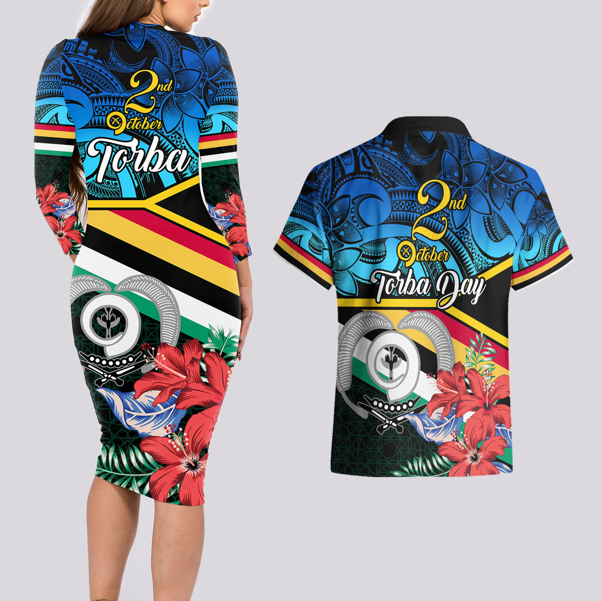 torba-vanuatu-couples-matching-long-sleeve-bodycon-dress-and-hawaiian-shirt-sand-drawing-with-polynesian-pattern