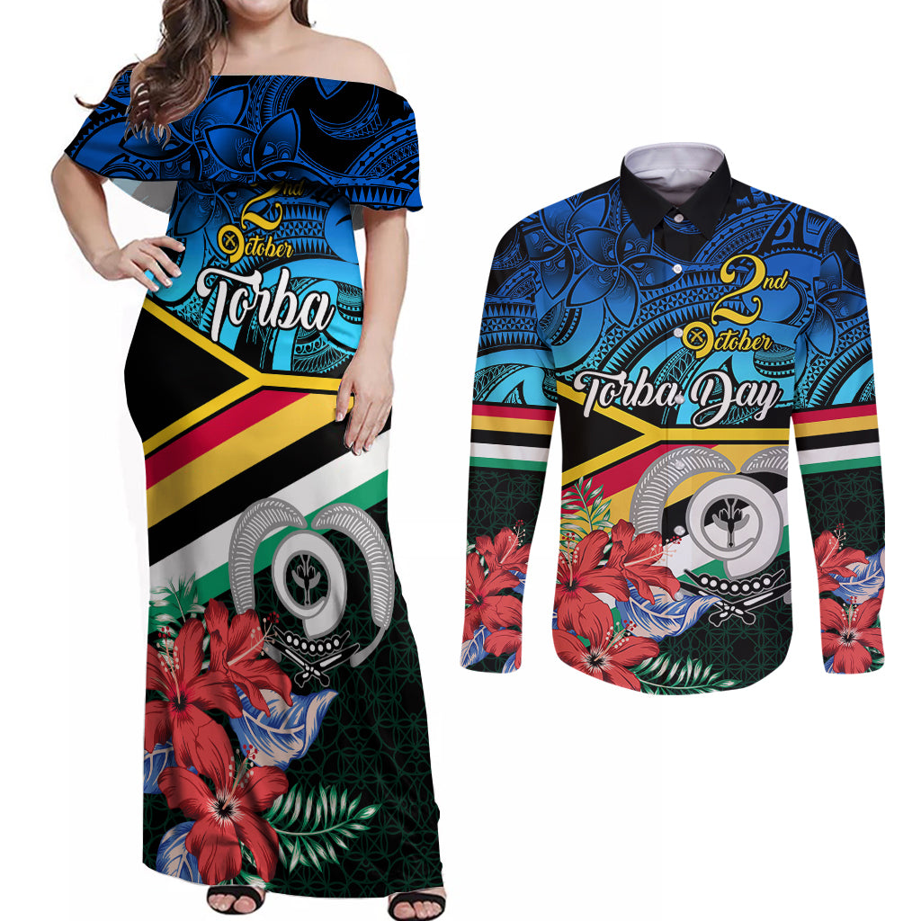 torba-vanuatu-couples-matching-off-shoulder-maxi-dress-and-long-sleeve-button-shirts-sand-drawing-with-polynesian-pattern