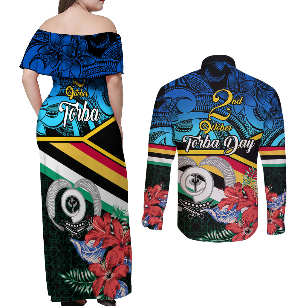 torba-vanuatu-couples-matching-off-shoulder-maxi-dress-and-long-sleeve-button-shirts-sand-drawing-with-polynesian-pattern