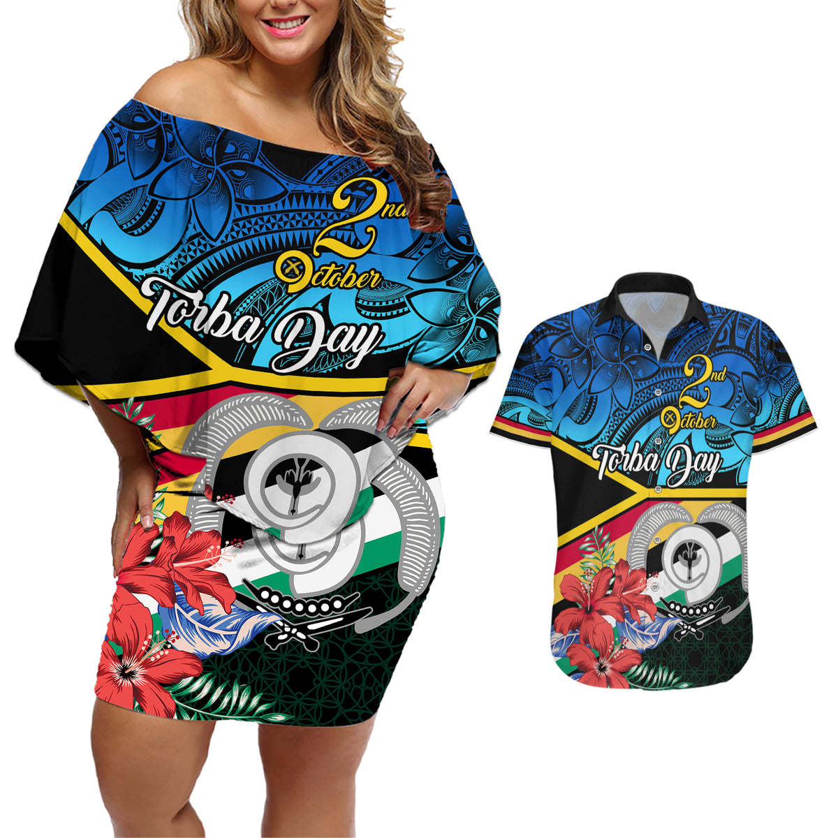 torba-vanuatu-couples-matching-off-shoulder-short-dress-and-hawaiian-shirt-sand-drawing-with-polynesian-pattern