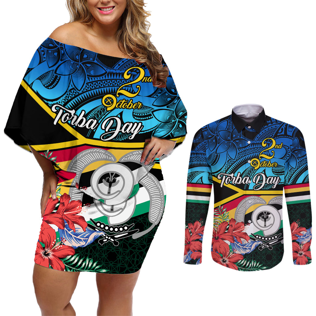 torba-vanuatu-couples-matching-off-shoulder-short-dress-and-long-sleeve-button-shirts-sand-drawing-with-polynesian-pattern