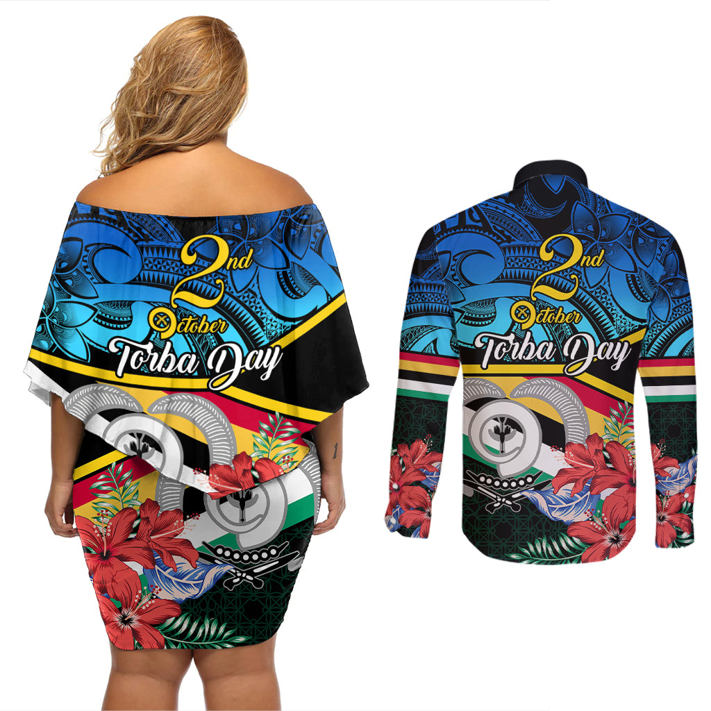 torba-vanuatu-couples-matching-off-shoulder-short-dress-and-long-sleeve-button-shirts-sand-drawing-with-polynesian-pattern