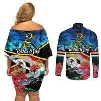 torba-vanuatu-couples-matching-off-shoulder-short-dress-and-long-sleeve-button-shirts-sand-drawing-with-polynesian-pattern