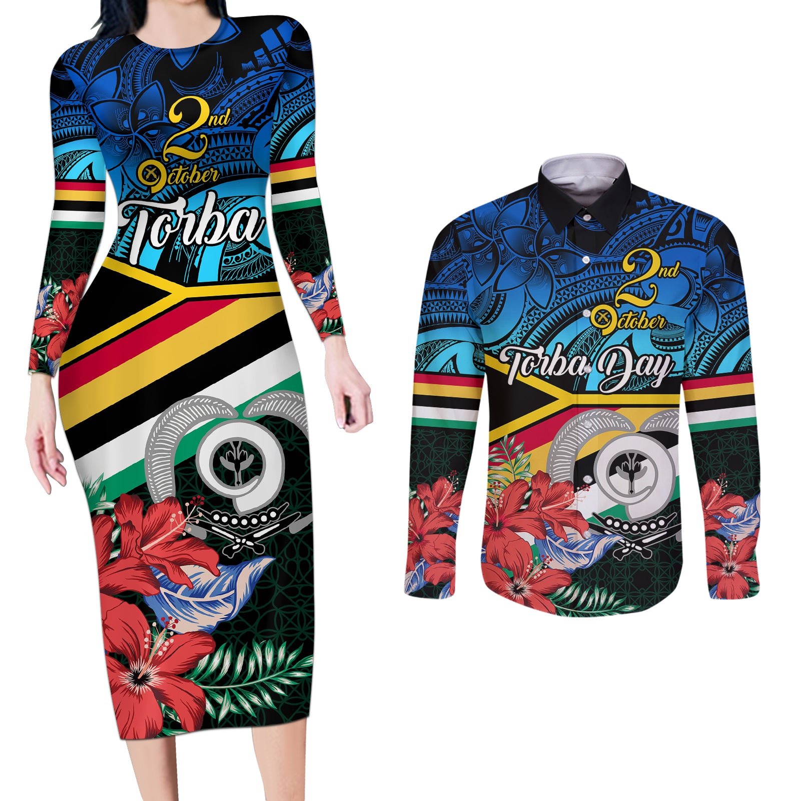 personalised-torba-vanuatu-couples-matching-long-sleeve-bodycon-dress-and-long-sleeve-button-shirts-sand-drawing-with-polynesian-pattern