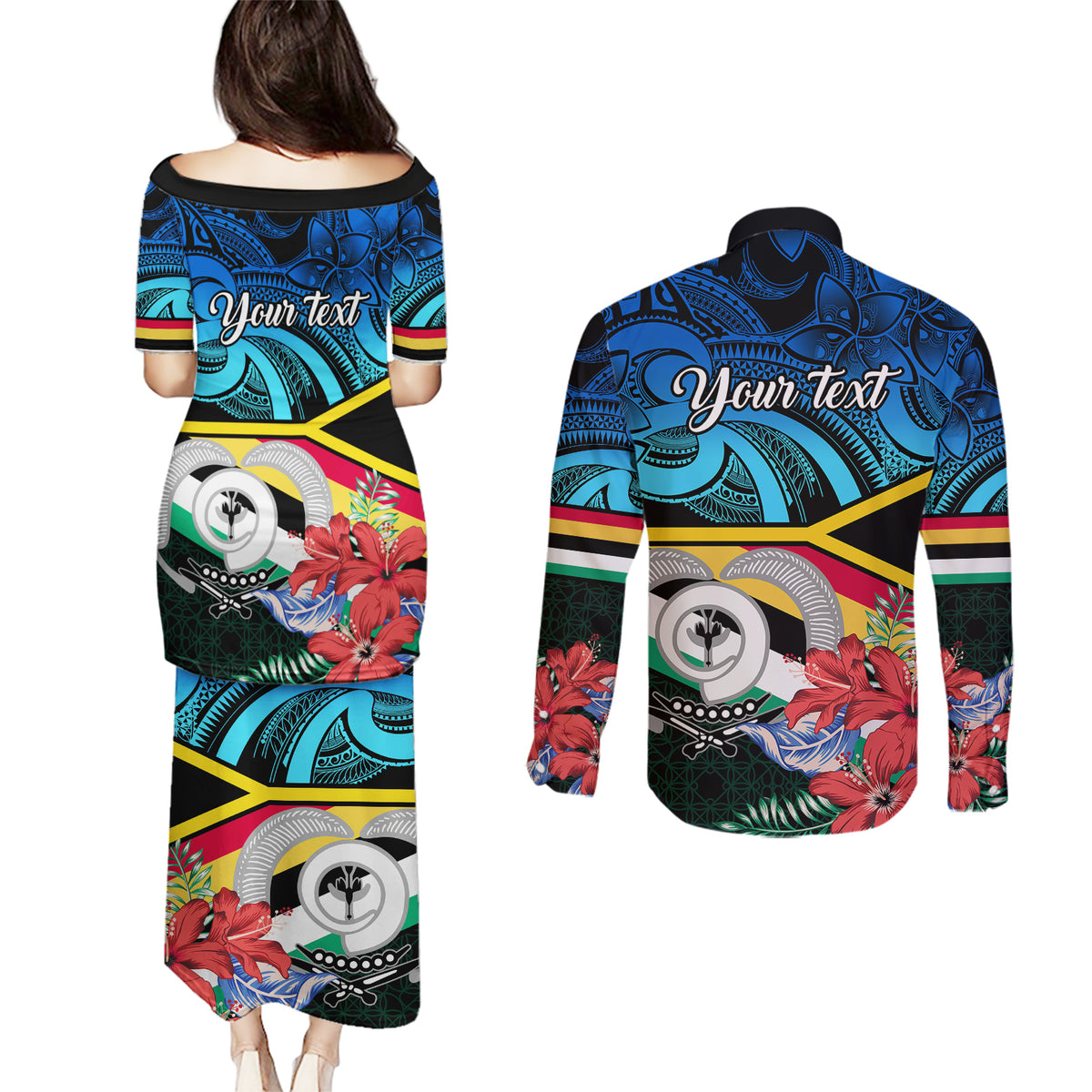 personalised-torba-vanuatu-couples-matching-puletasi-dress-and-long-sleeve-button-shirts-sand-drawing-with-polynesian-pattern