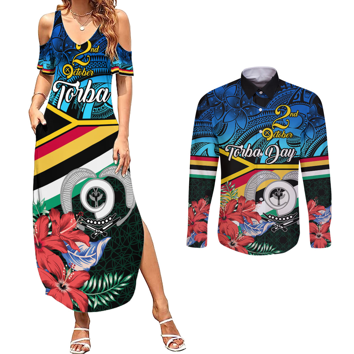 personalised-torba-vanuatu-couples-matching-summer-maxi-dress-and-long-sleeve-button-shirts-sand-drawing-with-polynesian-pattern