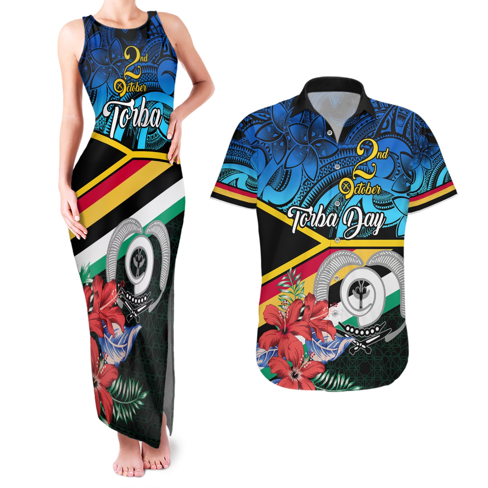 personalised-torba-vanuatu-couples-matching-tank-maxi-dress-and-hawaiian-shirt-sand-drawing-with-polynesian-pattern