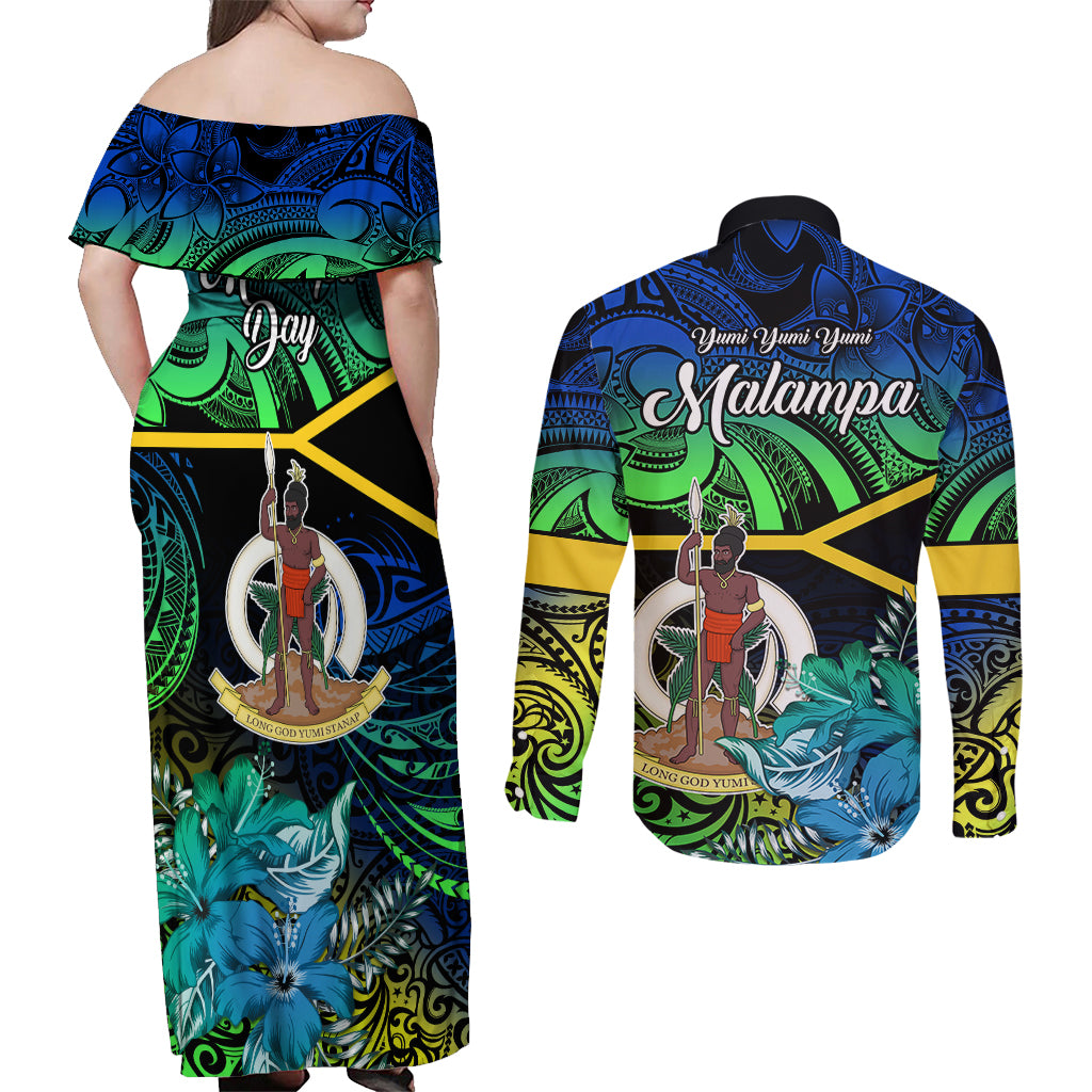 malampa-day-couples-matching-off-shoulder-maxi-dress-and-long-sleeve-button-shirts-vanuatu-flowers-with-malampa-emblem-tribal-pattern