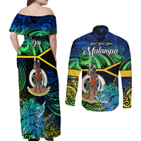 malampa-day-couples-matching-off-shoulder-maxi-dress-and-long-sleeve-button-shirts-vanuatu-flowers-with-malampa-emblem-tribal-pattern