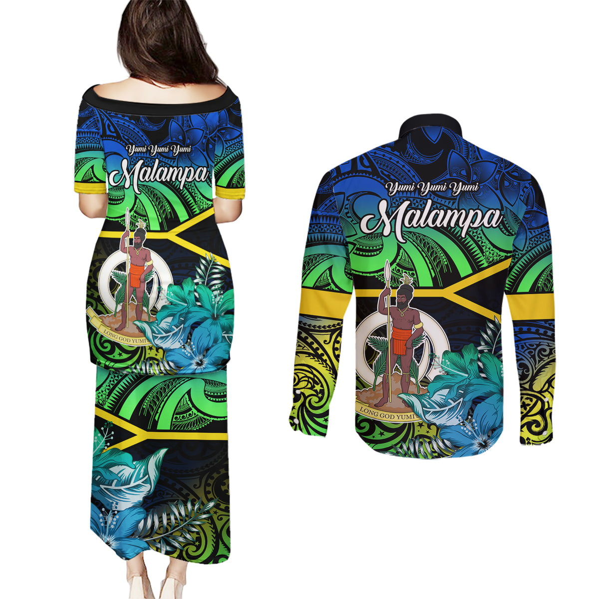 malampa-day-couples-matching-puletasi-dress-and-long-sleeve-button-shirts-vanuatu-flowers-with-malampa-emblem-tribal-pattern